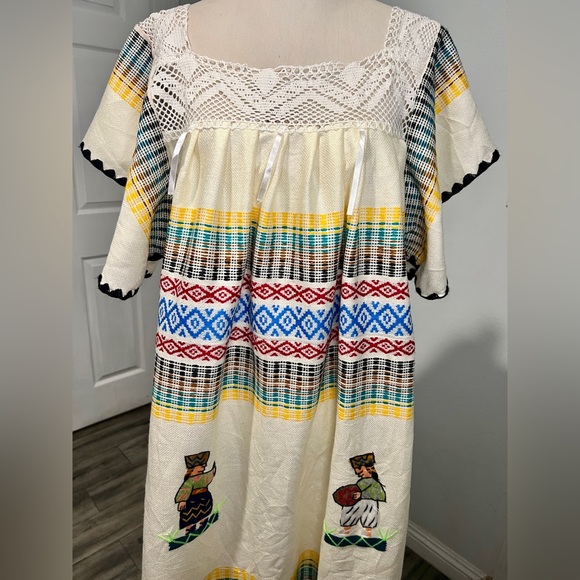 Vintage Mexican Oaxacan Kimono Kaftan Knit Lace Embroidered Boho Maxi Dress - Picture 2 of 14